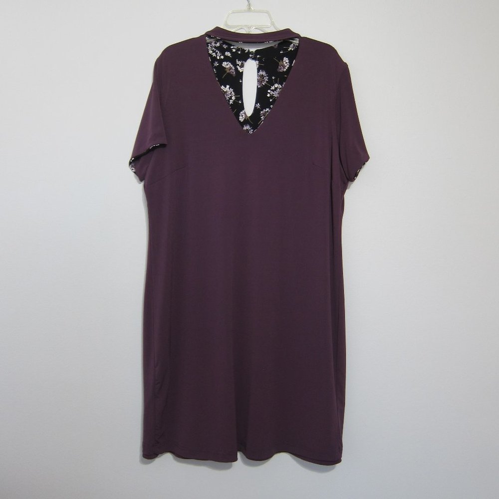 Dex Plus Dress Reversible 1X Floral Black Purple Short Sleeve V-Neck A-Line New
